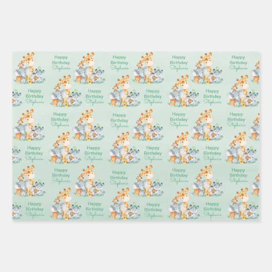 Zee Green Waterverf Cute Safari Oerwoud Animals Inpakpapier Vel (Voorkant)