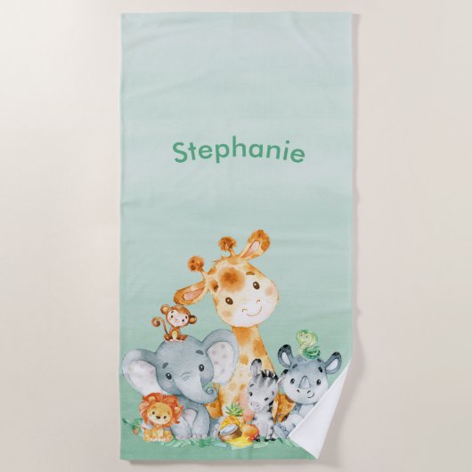 Zee Green Waterverf Cute Safari Oerwoud Animals Strandlaken (Voorkant)