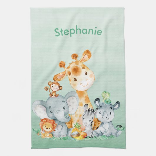 Zee Green Waterverf Cute Safari Oerwoud Animals Theedoek (Verticaal)