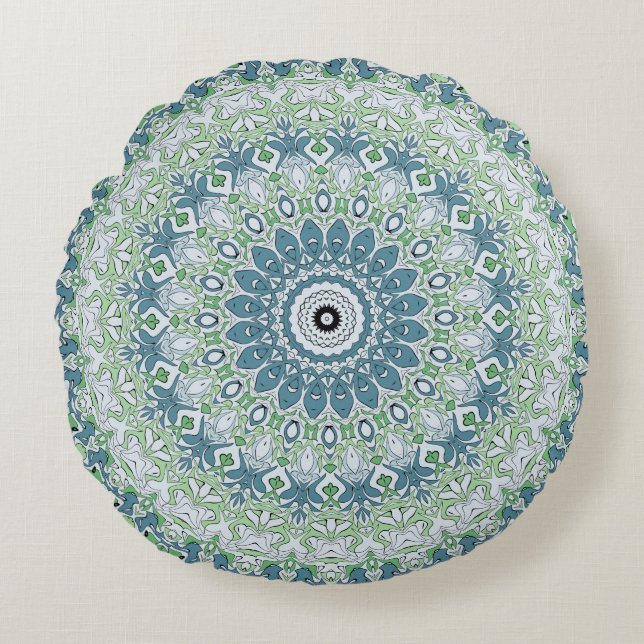 Zee Groen en Blauw Kust Mandala Patroon Rond Kussen (Voorkant)