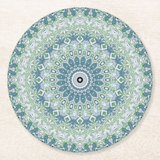 Zee Groen en Blauw Kust Mandala Patroon Ronde Kartonnen Onderzetter (Voorkant)