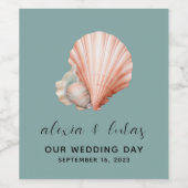 Zee Groen met Schelp "Onze Trouwdag"  Wijn Etiket (Enkel label)