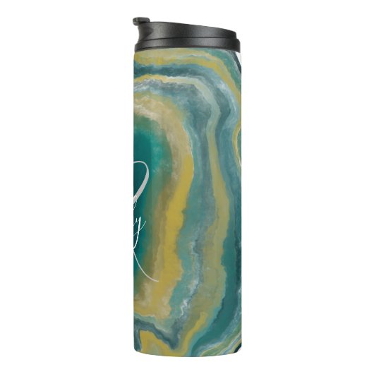 Zee Groene Agate Marble Abstracte Name Monogram Thermosbeker (Geroteerd rechts)