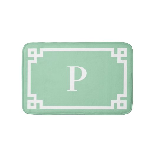 Zee groene en witte Griekse sleutel frame monogram Badmat (Voorkant)