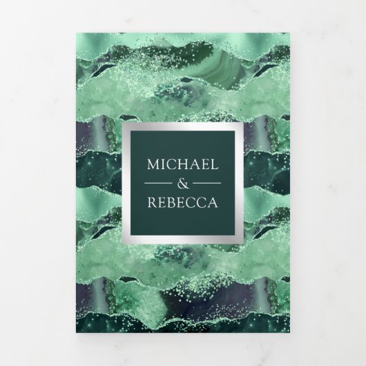 Zee Groene Glitter Agate Marble QR Code Weddenscha Drieluik Uitnodiging (Cover)