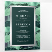 Zee Groene Glitter Agate Marble QR Code Weddenscha Drieluik Uitnodiging (Binnenzijde eerst)