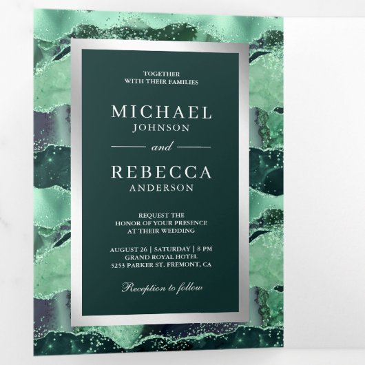 Zee Groene Glitter Agate Marble QR Code Weddenscha Drieluik Uitnodiging (Binnenzijde eerst)