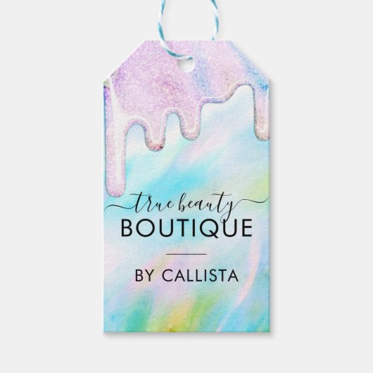 Zee Groene Holografische Glitter Drips Kleding Lab Cadeaulabel (Voorkant)