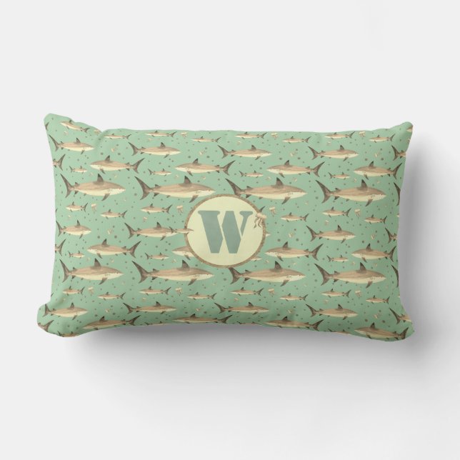 Zee Groene Waterverf Monogram Shark + Jellyfish Kussen (Voorkant)