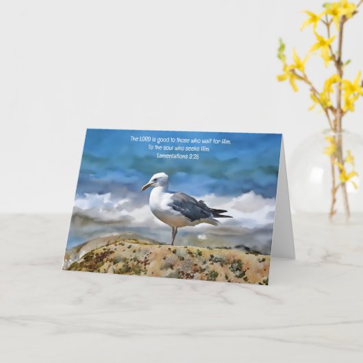 Zee Gull Bird bij de Ocean Bible Verse Art Note Kaart (Gele Bloem)