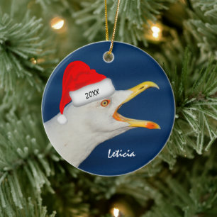 Zee Gull in Kerstmis in Santa Hat Keramisch Ornament