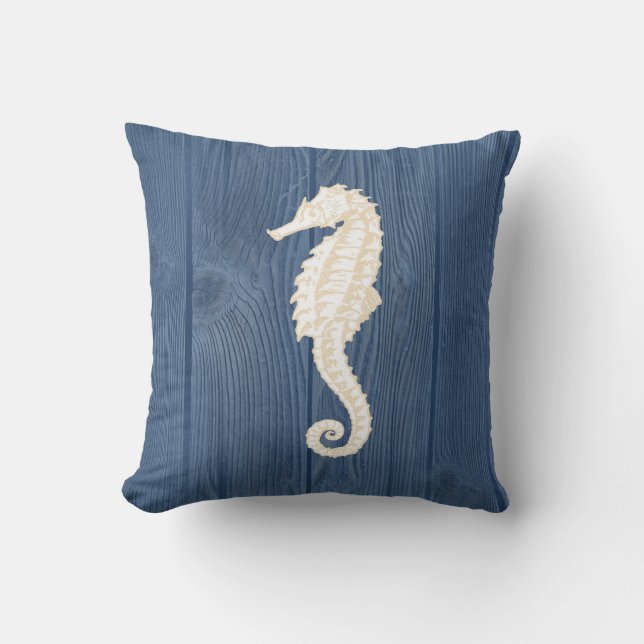 Zee Horse Cream  Blue Wood Pillow Kussen (Voorkant)