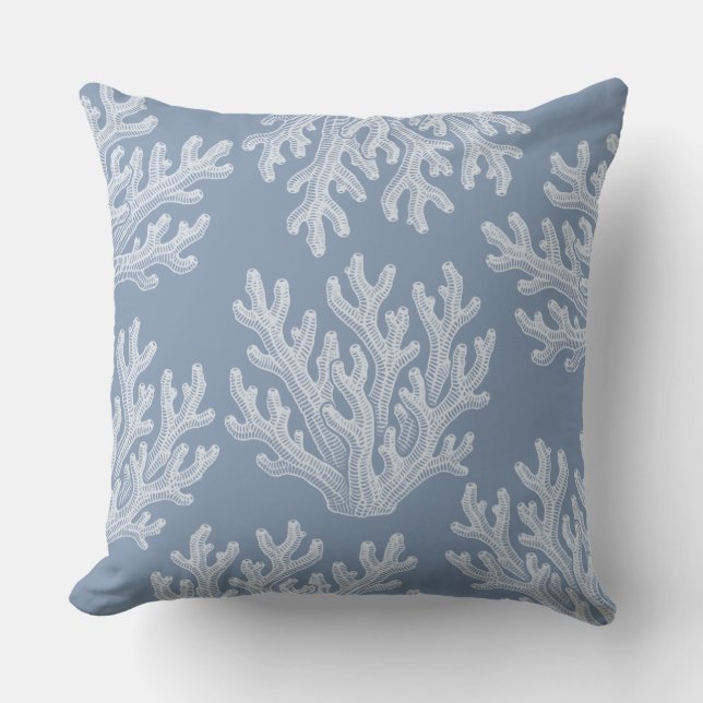 Zee Koraal Silhouet | Zilver Blauw Buitenkussen (Voorkant)