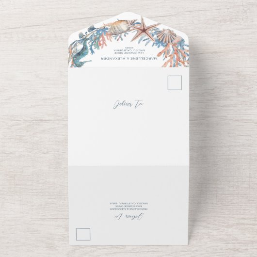 Zee Krans | Zeepaard en Schelpen Strand All In One Uitnodiging (Buitenkant)