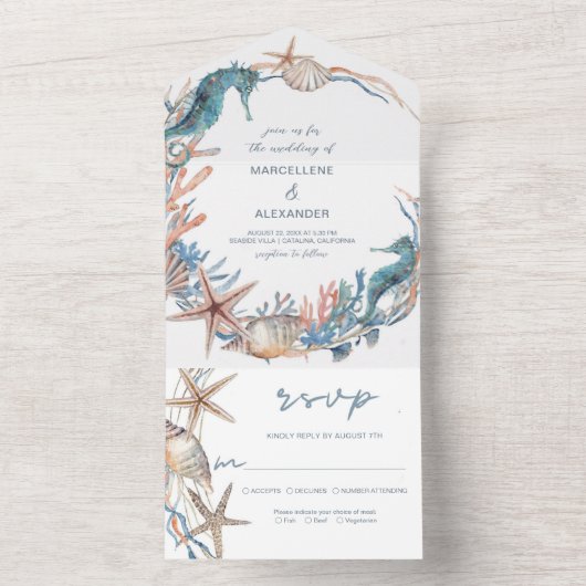 Zee Krans | Zeepaardje en Schelpen Strand All In One Uitnodiging (Binnen)