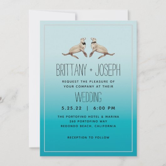 Zee Leeuwen Blauwgroen Blauw Modern Huwelijksuitno Kaart (Voorkant)