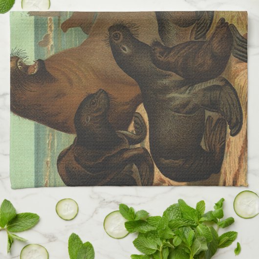 Zee leeuwen op strand, zeedier Theedoek (Gevouwen)