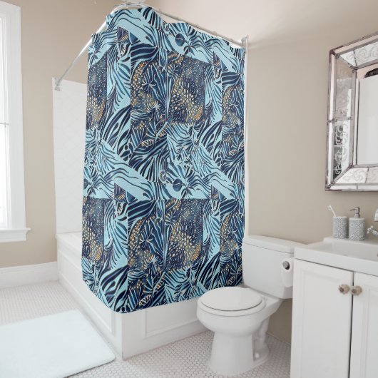Zee leven en botanische abstracte patroonontwerp douchegordijn (In situ)