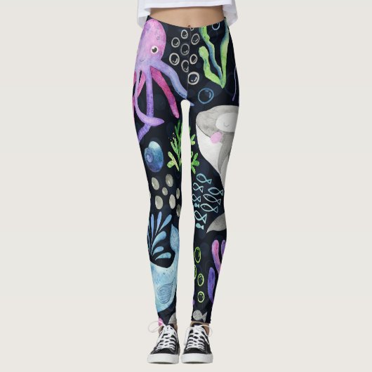 Zee leven waterverf, donkere achtergrond. leggings (Voorkant)
