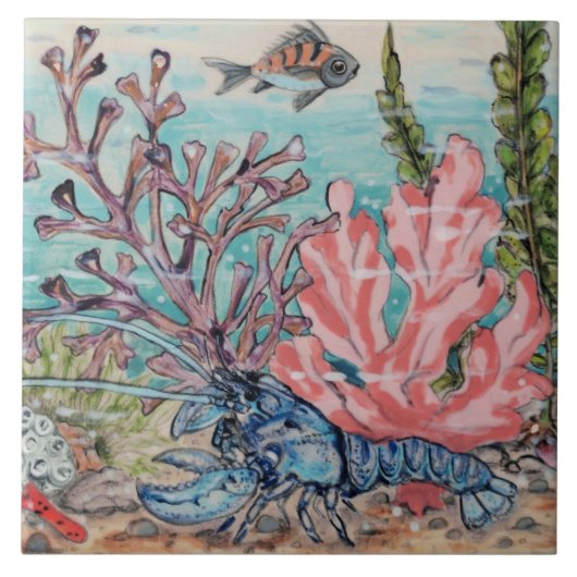 Zee Life Blue Lobster Pink Coral Beach Mural PC#4 Tegeltje (Voorkant)
