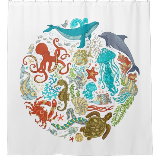 Zee Life Ocean Whale Octopus Turtle Art Douchegordijn (Voorkant)
