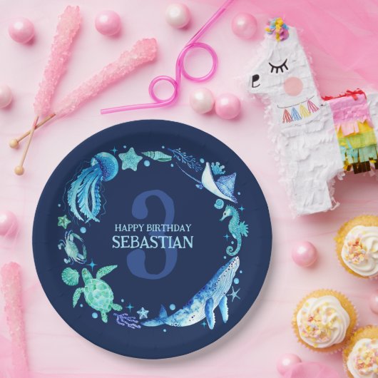 Zee Life Party Ocean Animals Navy Blue Waterverf Papieren Bordje (Feest)