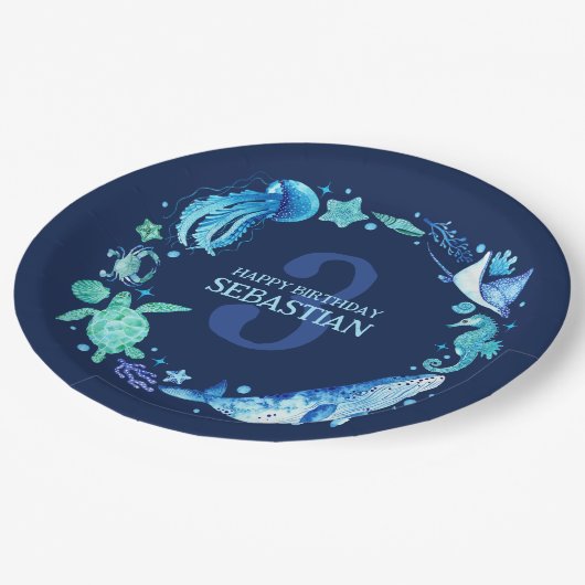 Zee Life Party Ocean Animals Navy Blue Waterverf Papieren Bordje (Gekanteld)