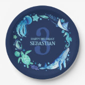 Zee Life Party Ocean Animals Navy Blue Waterverf Papieren Bordje (Voorkant)
