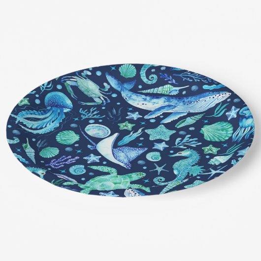 Zee Life Party Waterverf Blue Ocean Animals Papieren Bordje (Gekanteld)