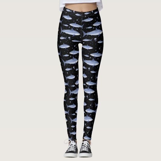Zee Life Shark Jellyfish Waterverf Patroon Zwart Leggings (Voorkant)