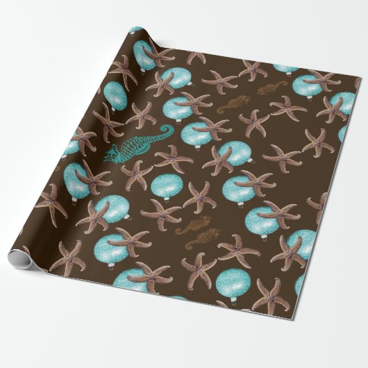 Zee Life Tropical Pattern Brown Kerstmis Cadeaupapier (Uitgerold)
