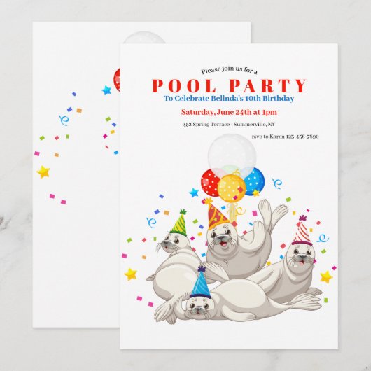 Zee Lions Pool Party Uitnodiging (Voorkant / Achterkant)