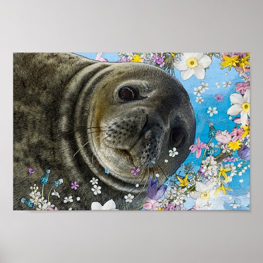 Zee-lionzwemmen in bloemen poster (Voorkant)