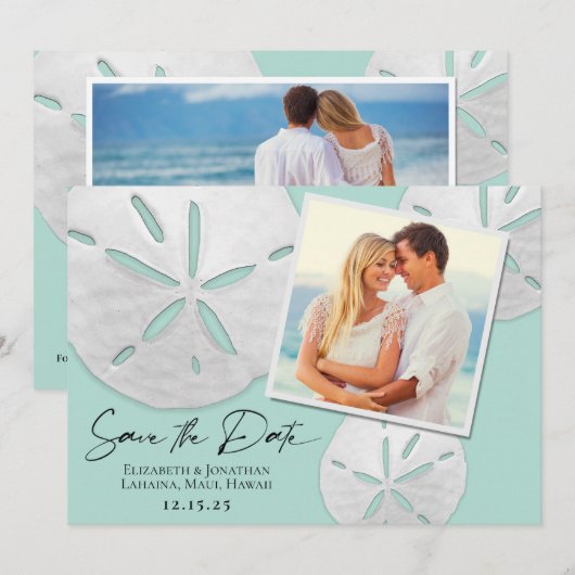 Zee met fotobetakkleurier, wit zand dollars save the date (Voorkant / Achterkant)