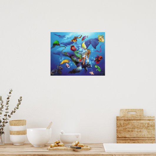 Zee met mermaid Riding Turtle Poster (Keuken)