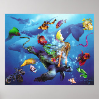 Zee met mermaid Riding Turtle Poster