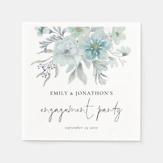 Zee Mist Blauwgroen Blue Florals Script Engagement Servet (Voorkant)