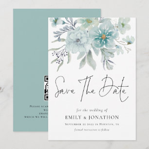 Zee Mist Blauwgroen Florals QR Code Weddenschap Save The Date