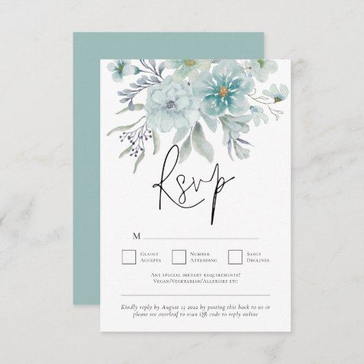 Zee Mist Blauwgroen White Florals QR Code Weddensc RSVP Kaartje (Voorkant / Achterkant)