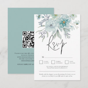 Zee Mist Blauwgroen White Florals QR Code Weddensc RSVP Kaartje