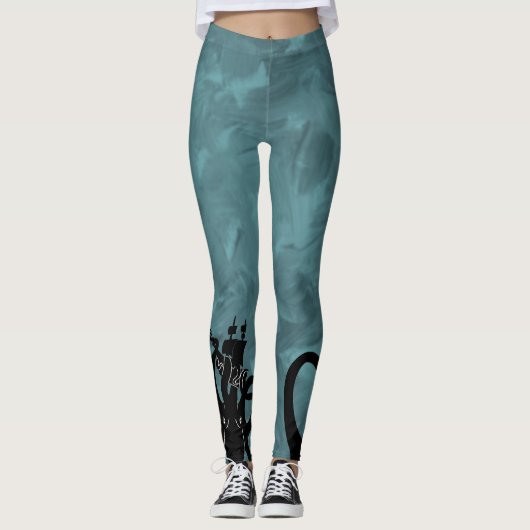 Zee Monster Blue en Black Kraken met schip Leggings (Voorkant)