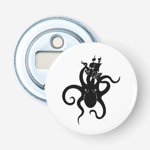 Zee Monster Zwart-wit Kraken met Schip Button Flesopener