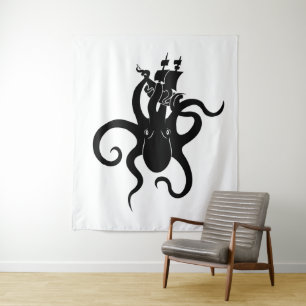 Zee Monster Zwart-wit Kraken met Schip Wandkleed