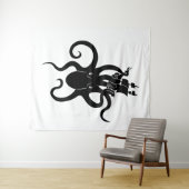 Zee Monster Zwart-wit Kraken met Schip Wandkleed (In Situ (horizontaal))