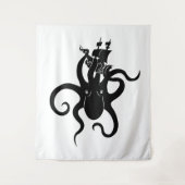 Zee Monster Zwart-wit Kraken met Schip Wandkleed (Voorkant)