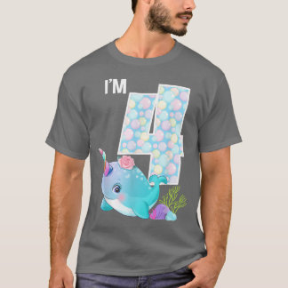 Zee Narwhal Birthday Ik ben 4 Thema onderwater T-shirt