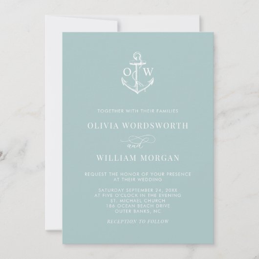 Zee Nautical Monogram Anchor Minimal Weddenschap Kaart (Voorkant)