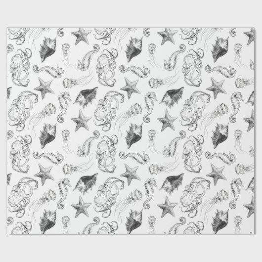 Zee Nautical Ocean Theme Creaters Black en White Cadeaupapier (Vlak)