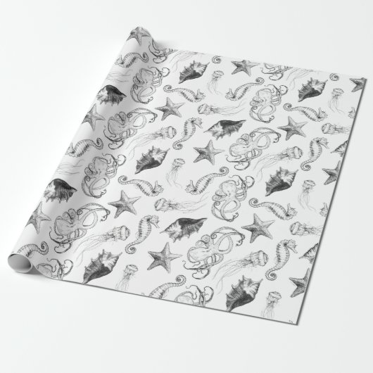 Zee Nautical Ocean Theme Creaters Black en White Cadeaupapier (Uitgerold)