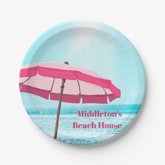 Zee Ocean Blue Summer Surf Pink Beach Umbrella Papieren Bordje (Voorkant)